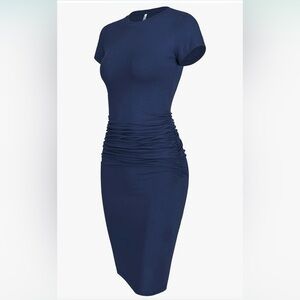 Laughido Short‎ Sleeve Ruched Bodycon Knee Length T-shirt Dress Navy XS